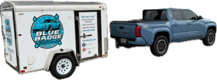 Blue Badge Customs mobile detailing trailer and Toyota Tacoma in Lawrence, Kansas