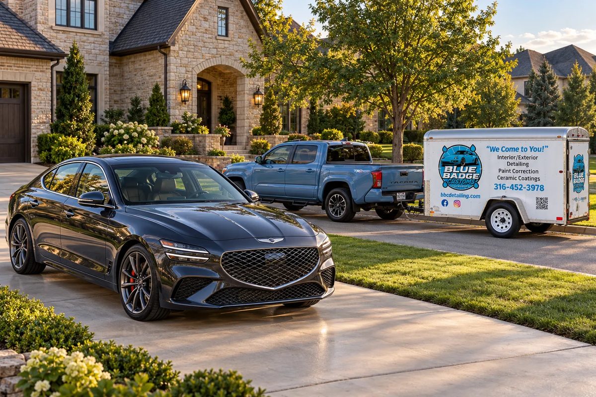 Blue Badge Customs mobile detailing trailer at a home in Lawrence, Kansas