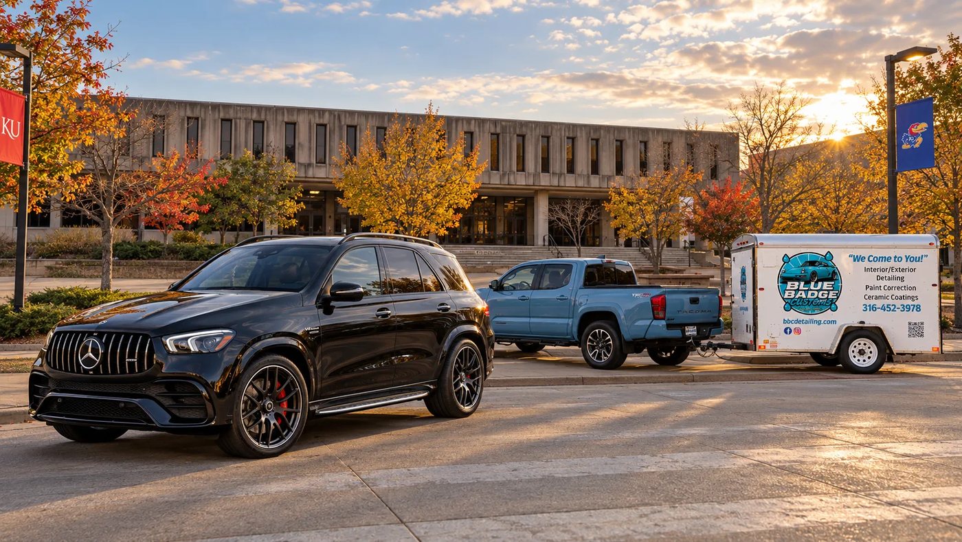 Blue Badge Customs mobile detailing on a college campus in Lawrence, Kansas