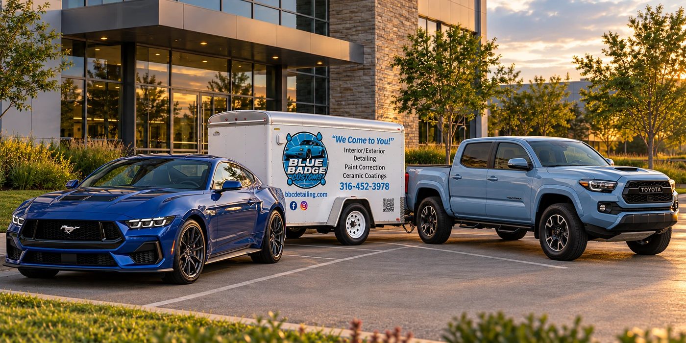 Blue Badge Customs mobile detailing at a workplace parking lot in Lawrence, Kansas
